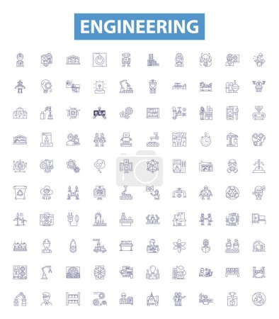 Illustration for Engineering line icons, signs set. Collection of Engineering, Technology, Design, Manufacturing, Construction, Electronics, Mechanics, Science, Electrical outline vector illustrations. - Royalty Free Image