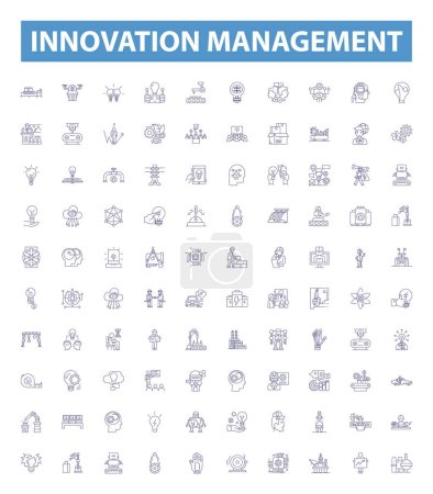 Illustration for Innovation management line icons, signs set. Collection of Innovate, Manage, Create, Visionary, Change, Develop, Strategic, Process, Lead outline vector illustrations. - Royalty Free Image