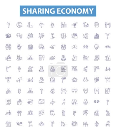 Illustration for Sharing economy line icons, signs set. Collection of Collaborative, Bartering, Exchange, Platforms, Networking, Connecting, Carsharing, Homesharing, Bikesharing outline vector illustrations. - Royalty Free Image