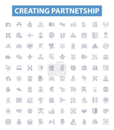 Illustration for Creating partnetship line icons, signs set. Collection of Partnership, Collaborate, Alliance, Affinity, Syndicate, Amalgamate, Merging, Uniting, Connecting outline vector illustrations. - Royalty Free Image