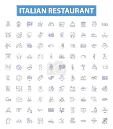 Illustration for Italian restaurant line icons, signs set. Collection of Italian, restaurant, cuisine, pasta, pizza, bread, garlic, basil, wine outline vector illustrations. - Royalty Free Image