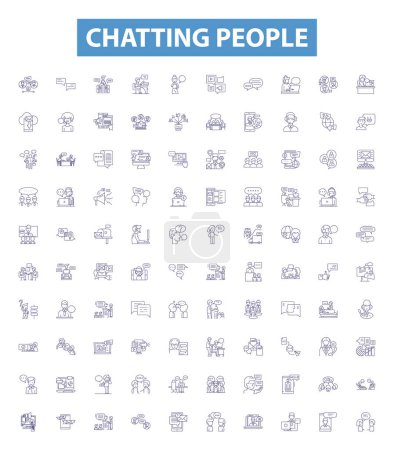 Illustration for Chatting people line icons, signs set. Collection of Conversing, Chatting, Connecting, Interacting, Gossiping, Messaging, Exchanging, Communicating, Bonding outline vector illustrations. - Royalty Free Image