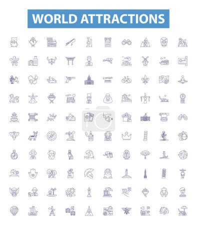 Illustration for World attractions line icons, signs set. Collection of Sites, Destinations, Attractions, Monuments, Landmarks, Wonders, Ruins, Parks, Zoos outline vector illustrations. - Royalty Free Image