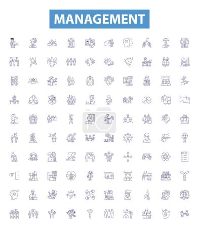 Illustration for Management line icons, signs set. Collection of Lead, Organize, Control, Plan, Direct, Strategize, Supervise, Monitor, Evaluate outline vector illustrations. - Royalty Free Image