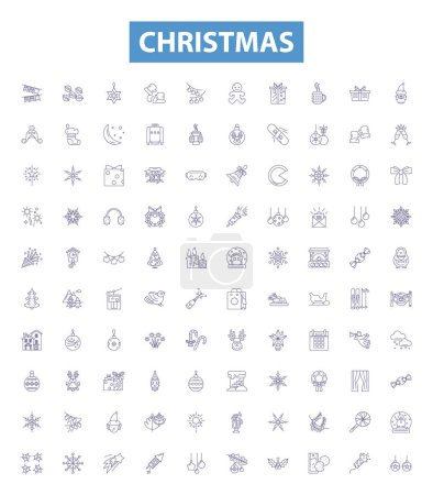 Illustration for Christmas line icons, signs set. Collection of Yule, Noel, Santas, Presents, Elves, Trees, Stockings, Ornaments, Garland outline vector illustrations. - Royalty Free Image