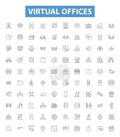 Illustration for Virtual offices line icons, signs set. Collection of Virtual, Offices, Remote, Working, Home, Locations, Bridging, Gap, Telework outline vector illustrations. - Royalty Free Image