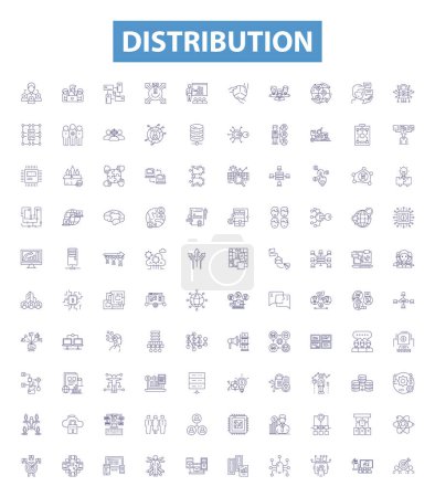 Illustration for Distribution line icons, signs set. Collection of Distribute, Disseminate, Allocate, Circulate, Divide, Share, Deploy, Apportion, Diversify outline vector illustrations. - Royalty Free Image