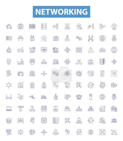 Illustration for Networking line icons, signs set. Collection of Networking, Network, Connectivity, Links, Internet, Telecommunications, Protocols, Hubs, Routers outline vector illustrations. - Royalty Free Image