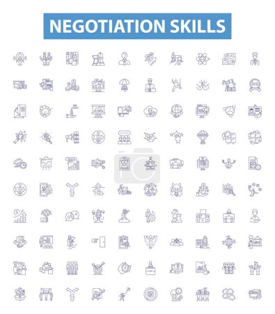 Illustration for Negotiation skills line icons, signs set. Collection of Negotiation, Skills, Facilitation, Persuasion, Compromise, Mediation, Analyzing, Listening, Questioning outline vector illustrations. - Royalty Free Image