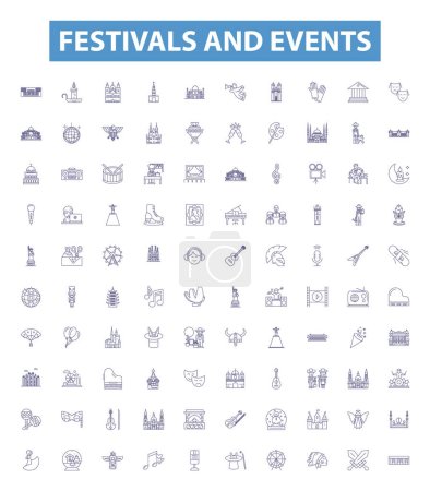 Illustration for Festivals and events line icons, signs set. Collection of Parades, Galas, Concerts, Celebrations, Carnivals, Balls, Fairs, Carnivales, Rallies outline vector illustrations. - Royalty Free Image