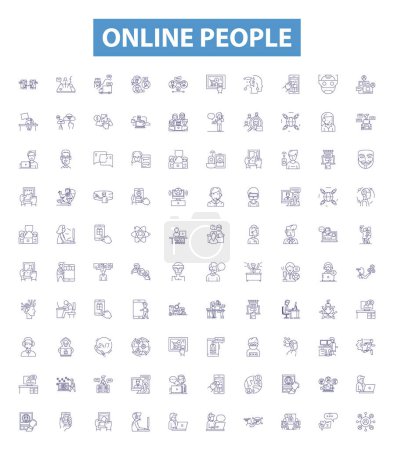 Illustration for Online people line icons, signs set. Collection of Internet, Users, Networkers, Surfers, Consumers, Viewers, buyers, Interactors, Participants outline vector illustrations. - Royalty Free Image