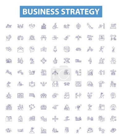 Illustration for Business strategy line icons, signs set. Collection of Planning, Innovation, Operational, Execution, Planning, Market, Customer, Financial, Development outline vector illustrations. - Royalty Free Image