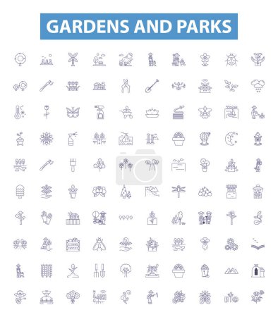 Illustration for Gardens and parks line icons, signs set. Collection of Gardens, parks, vegetation, flora, fauna, shrubs, trees, hedges, shrubberies outline vector illustrations. - Royalty Free Image