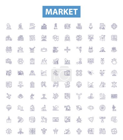 Illustration for Market line icons, signs set. Collection of Market, Trade, Shopping, Retail, Bazaar, Vend, Exchange, Commercial, Consume outline vector illustrations. - Royalty Free Image
