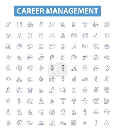 Illustration for Career management line icons, signs set. Collection of Coaching, Planning, Networking, Mentoring, Education, Research, Analysis, Goal setting, Job searching outline vector illustrations. - Royalty Free Image