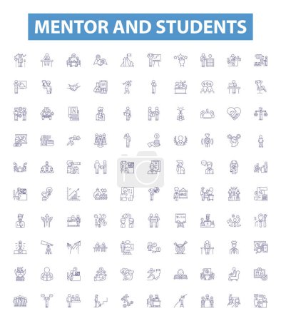 Illustration for Mentor and students line icons, signs set. Collection of Mentor, Students, Guidance, Teaching, Support, Learning, Experience, Training, Coaching outline vector illustrations. - Royalty Free Image
