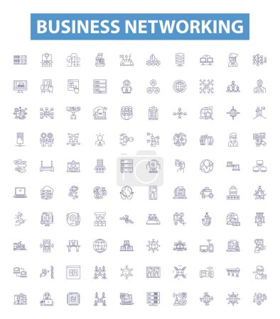 Téléchargez les illustrations : Icônes de ligne de réseautage d'affaires, signes ensemble. Collection d'illustrations vectorielles de contours de réseau, d'affaires, de relations, de connexions, de contacts, d'interactions, de stratégies, de partenariats, de clientèle. - en licence libre de droit