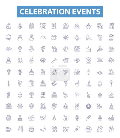 Illustration for Celebration events line icons, signs set. Collection of Festivities, Fete, Gala, Jubilee, Occasion, Ceremony, Carnival, Pageant, Shindig outline vector illustrations. - Royalty Free Image