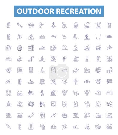 Illustration for Outdoor recreation line icons, signs set. Collection of Hiking, Camping, Fishing, Kayaking, Boating, Cycling, Climbing, Hunting, Swimming outline vector illustrations. - Royalty Free Image