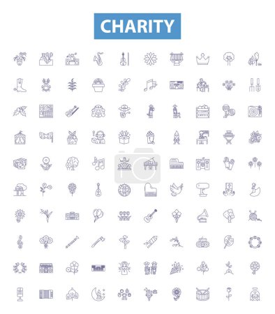 Illustration for Charity line icons, signs set. Collection of Giving, Kindness, Philanthropy, Donate, Nonprofit, Benevolence, Helping, Support, Compassion outline vector illustrations. - Royalty Free Image