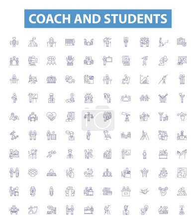 Illustration for Coach and students line icons, signs set. Collection of Coach, Students, Mentor, Educator, Guide, Pupil, Teacher, Tutor, Instructor outline vector illustrations. - Royalty Free Image
