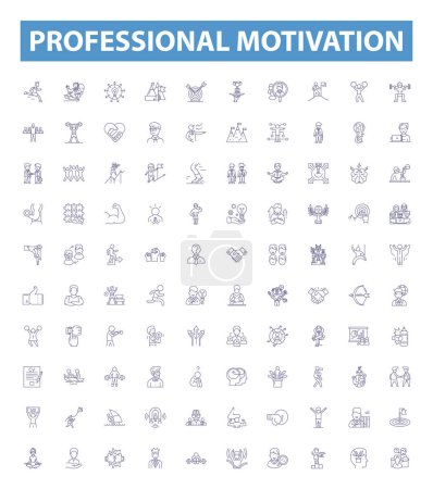 Illustration for Professional motivation line icons, signs set. Collection of Inspiration, Enthusiasm, Determination, Drive, Resolve, Tenacity, Commitment, Aspiration, Willpower outline vector illustrations. - Royalty Free Image