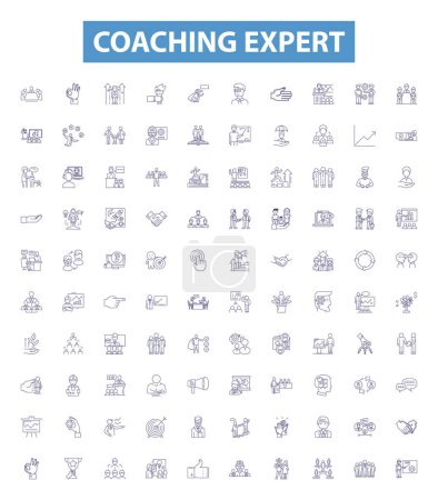 Illustration for Coaching expert line icons, signs set. Collection of Mentor, Advisor, Guide, Tutor, Consultant, Facilitator, Instructor, Teacher, Leader outline vector illustrations. - Royalty Free Image