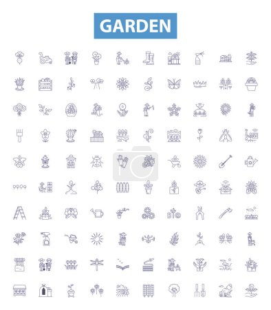 Gartenzeilen-Symbole, Schilder aufgestellt. Bäume, Blumen, Garten, Gemüse, Pflanzen, Kräuter, Vektorillustrationen, Sammlung.