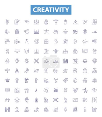 Illustration for Creativity line icons, signs set. Collection of Innovate, Imagination, Originality, Inspire, Design, Artistic, Invention, Think, Brainstorm outline vector illustrations. - Royalty Free Image