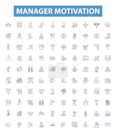 Illustration for Manager motivation line icons, signs set. Collection of Motivation, Management, Lead, Engage, Drive, Strategy, Appreciate, Measure, Inspire outline vector illustrations. - Royalty Free Image