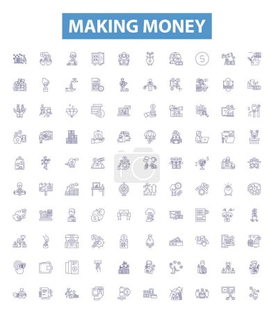Illustration for Making money line icons, signs set. Collection of Earn, Profit, Gain, Invest, Speculate, Fund, Market, Yield, Trade outline vector illustrations. - Royalty Free Image