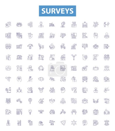 Illustration for Surveys line icons, signs set. Collection of Survey, Polls, Questionnaires, Samples, Surveying, Research, Data, Studies, Interviews outline vector illustrations. - Royalty Free Image