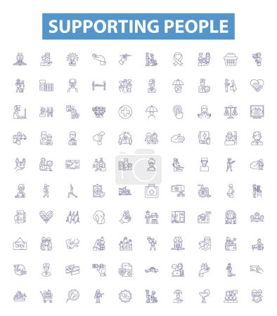 Illustration for Supporting people line icons, signs set. Collection of Aid, Uplift, Assisting, Easing, Comforting, Nurturing, Championing, Helping, Encouraging outline vector illustrations. - Royalty Free Image