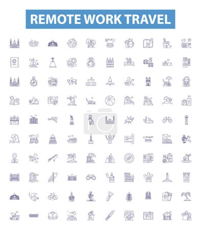 Illustration for Remote work travel line icons, signs set. Collection of Remote, Work, Travel, Remote-Work, Remote-Travel, Working-Remotely, Remotely-Traveling, Telecommuting, Teleworking outline vector illustrations. - Royalty Free Image