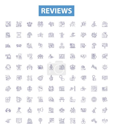 Illustration for Reviews line icons, signs set. Collection of Reviews, Comment, Feedback, Analysis, Evaluate, Judge, Perception, Appraise, Score outline vector illustrations. - Royalty Free Image