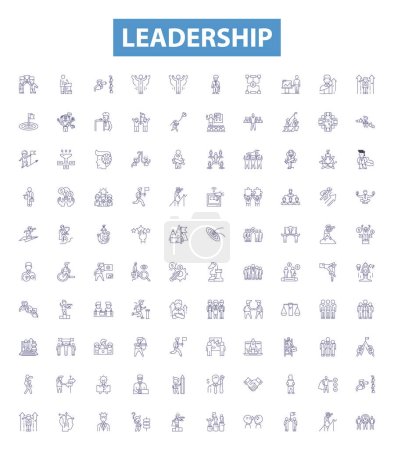 Illustration for Leadership line icons, signs set. Collection of Leadership, Managerial, Authority, Guidance, Inspiring, Visionary, Motivating, Directing, Promoting outline vector illustrations. - Royalty Free Image