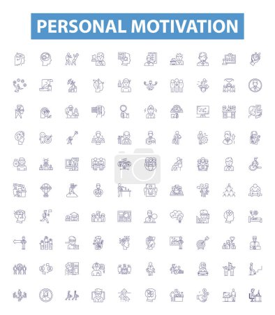 Illustration for Personal motivation line icons, signs set. Collection of Inspiration, Drive, Determination, Self discipline, Resolve, Engagement, Aspiration, Initiative, Focus outline vector illustrations. - Royalty Free Image