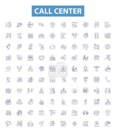 Téléchargez les illustrations : Icônes du centre d'appel, panneaux réglés. Collecte de centre d'appels, centre d'appels, opérateur de centre d'appels, télémarketing, messagerie vocale, chat en direct, support, agent, illustrations vectorielles de contour du bureau d'assistance. - en licence libre de droit