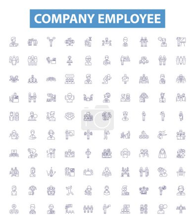 Illustration for Company employee line icons, signs set. Collection of Staff, Co worker, Personnel, Colleague, Associate, Employer, Hire, Supervisor, Employed outline vector illustrations. - Royalty Free Image