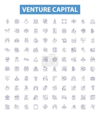 Illustration for Venture capital line icons, signs set. Collection of Venture, Capital, Investing, Seed, Startups, Funding, Equity, Financial, Risk outline vector illustrations. - Royalty Free Image