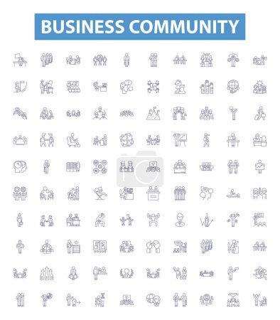 Iconos de línea de comunidad de negocios, letreros establecidos. Colección de Negocios, Comunidad, Redes, Conectar, Interactuar, Colaborar, Interactuar, Vincular, Unir ilustraciones vectoriales.