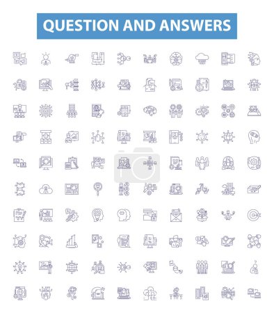 Illustration for Question and answers line icons, signs set. Collection of Questions, Answers, Quiz, Inquiry, Reply, Answerable, Answering, Query, Solution outline vector illustrations. - Royalty Free Image