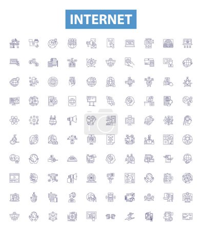 Illustration for Internet line icons, signs set. Collection of Network, digital, web, cyberspace, broadband, online, information, communications, technology outline vector illustrations. - Royalty Free Image