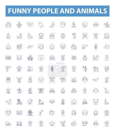 Téléchargez les illustrations : Des gens drôles et des animaux alignent des icônes, des signes fixés. Collection d'illustrations vectorielles humoristiques, humoristiques, amusantes, clowns, spirituelles, waggish, sportives, farces, excentriques. - en licence libre de droit
