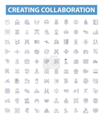 Illustration for Creating collaboration line icons, signs set. Collection of Cooperating, Uniting, Pooling, Teaming, Synchronizing, Syncing, Bonding, Joining, Unifying outline vector illustrations. - Royalty Free Image