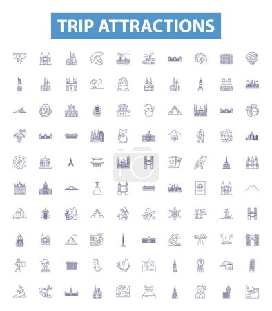 Illustration for Trip attractions line icons, signs set. Collection of Tourist, Sightseeing, Local, Adventure, Beaches, Culture, Monuments, Cathedrals, Temples outline vector illustrations. - Royalty Free Image