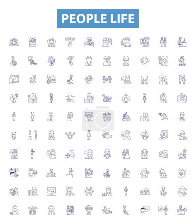 Illustration for People life line icons, signs set. Collection of Life, People, Existence, Family, Jobs, Career, Relationships, Experiences, Health outline vector illustrations. - Royalty Free Image