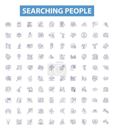 Suchende Menschen reihen Symbole aneinander, Zeichen gesetzt. Auffinden, Suchen, Suchen, Aufdecken, Jagd, Spur, Scannen, Spot Outline Vektor Illustrationen.