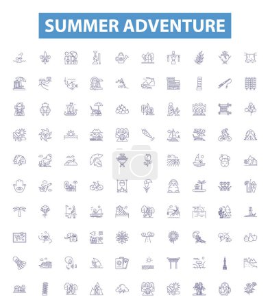 Illustration for Summer adventure line icons, signs set. Collection of Vacation, Trekking, Camping, Hiking, Swimming, River rafting, Kayaking, Exploring, Paragliding outline vector illustrations. - Royalty Free Image