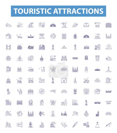 Illustration for Touristic attractions line icons, signs set. Collection of Attractions, Tourism, Sites, Sightseeing, Vacations, Places, Views, Excursions, Monuments outline vector illustrations. - Royalty Free Image